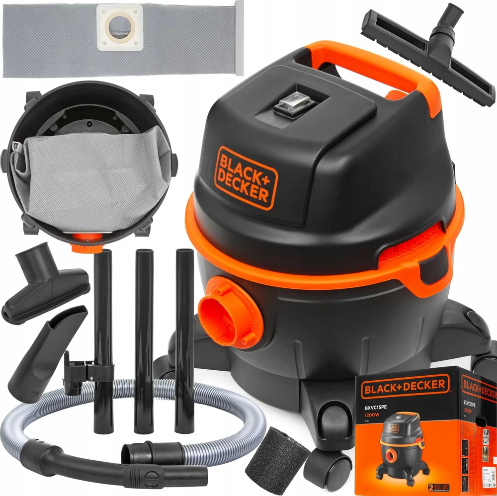 Black & Decker Juodas & Decker Dulkių siurblys WET/DRY BXVC15PE Su maišeliu, Galia 1200 W, Dulkių talpa 15 L, Juodas/Oranžinis