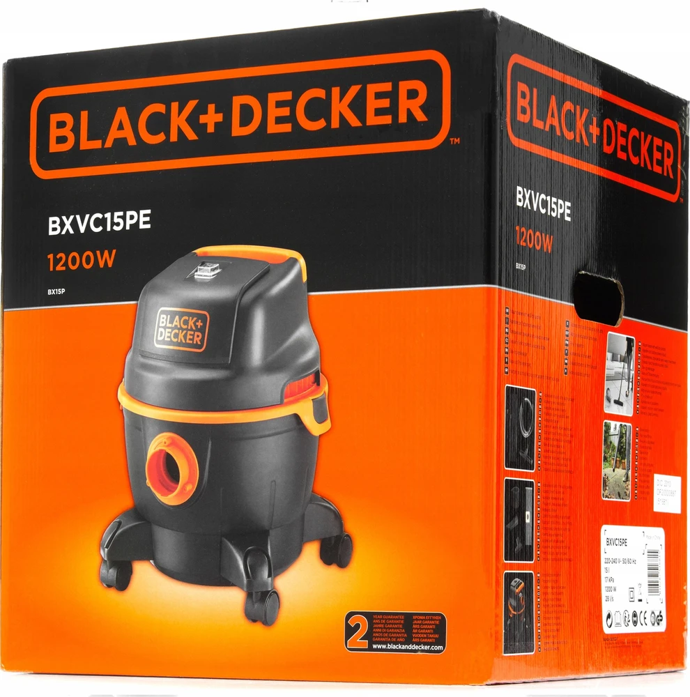 Black & Decker Juodas & Decker Dulkių siurblys WET/DRY BXVC15PE Su maišeliu, Galia 1200 W, Dulkių talpa 15 L, Juodas/Oranžinis