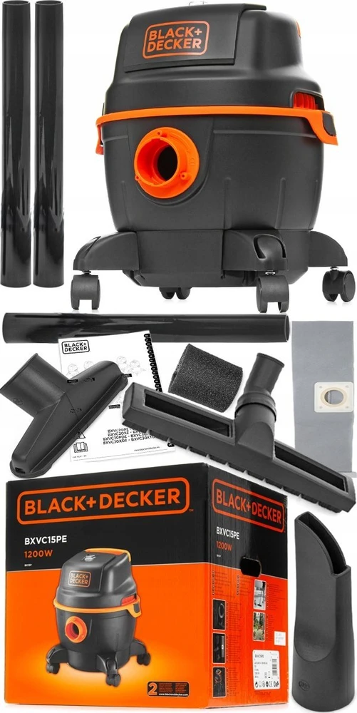 Black & Decker Juodas & Decker Dulkių siurblys WET/DRY BXVC15PE Su maišeliu, Galia 1200 W, Dulkių talpa 15 L, Juodas/Oranžinis