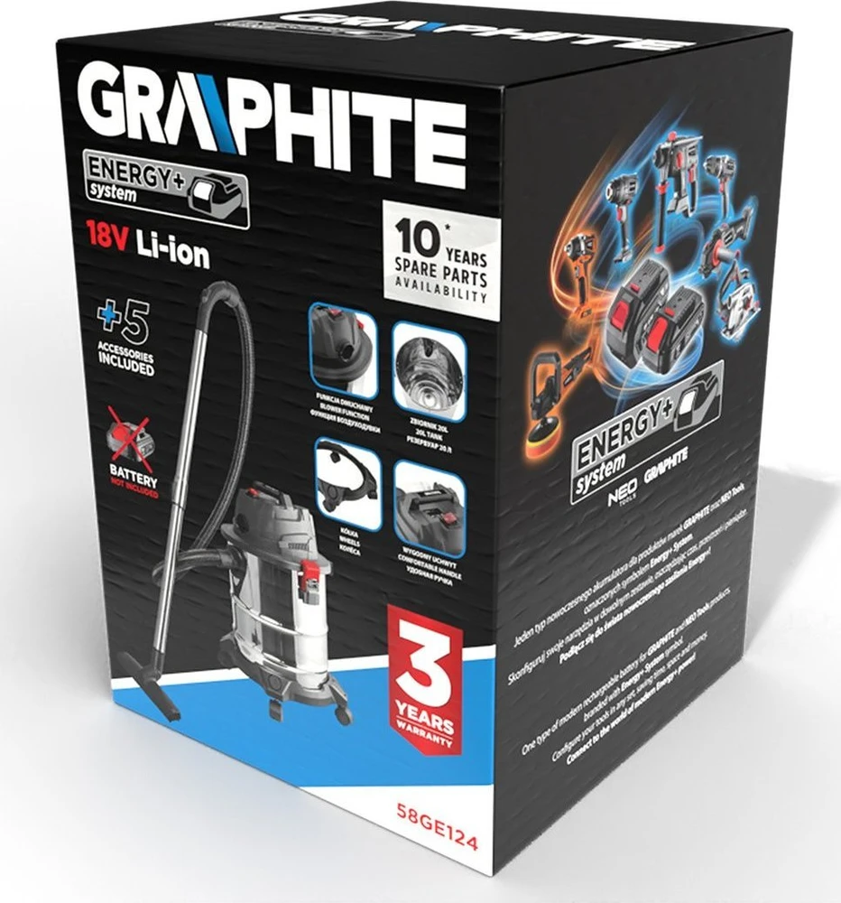 Graphite Dulkių siurblys „Energy+“ 18 V ličio jonų akumuliatorinis dirbtuvių dulkių siurblys, šlapiam ir sausam siurbimui, 20 l bakas, be akumuliatoriaus