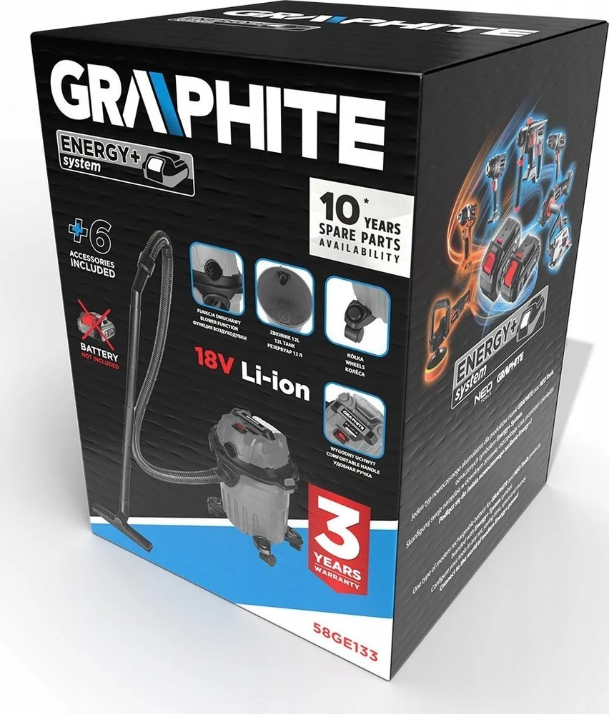 Graphite Dulkių siurblys „Energy+“ 18 V ličio jonų akumuliatorinis dirbtuvių dulkių siurblys, šlapiam ir sausam valymui, 12 l bakas, be akumuliatoriaus