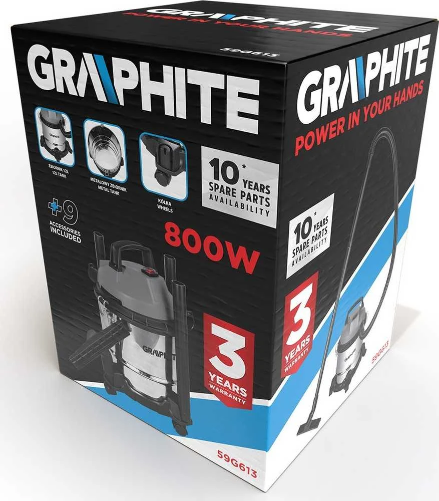 Graphite Dulkių siurblys 800 W pramoninis dulkių siurblys, 12 l bakas