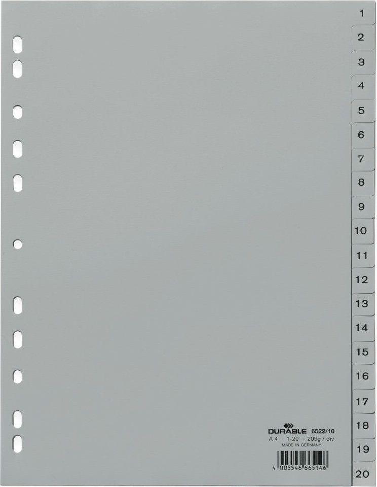 Laikiklis Durable DURABLE Zahlenregister A4 1-20 PP volldeckend grau
