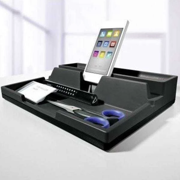 Antracito spalvos stalinis organizatorius su telefono laikikliu
