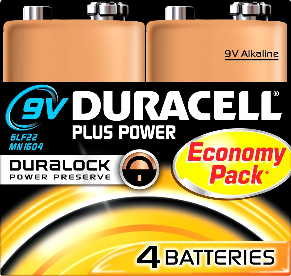 Duracell 9V baterijos, 4 vnt. pakuotės fragmentas