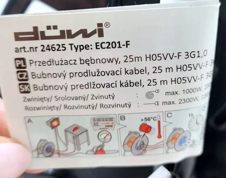 Düwi Būgninis ilgintuvas 4 lizdų H05VV-F 3G1.0, 25 m oranžinės-juodos spalvos / 24625