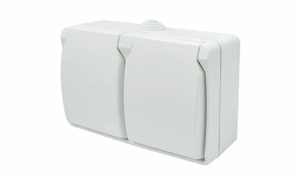 Duwi 40225 Paviršinis dvigubas lizdas su įžeminimu ir dangteliu Aqua Plus IP54 baltas 40225
