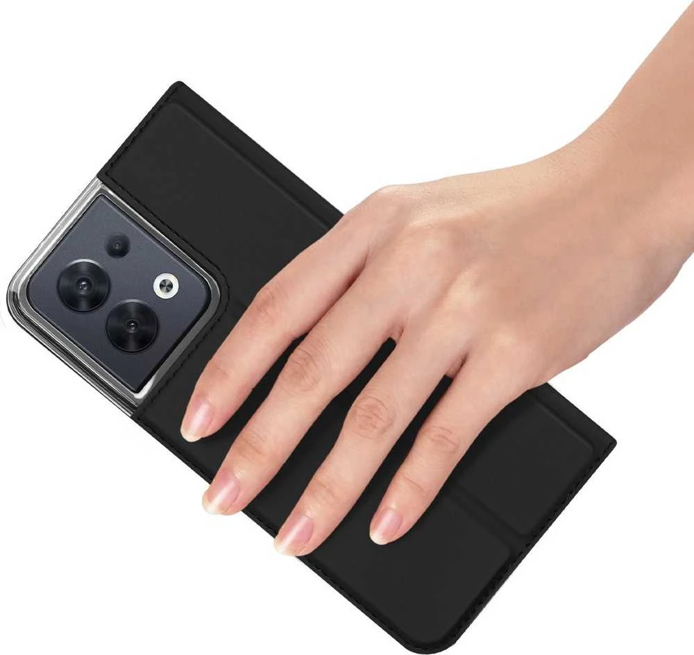 Dux Ducis Skin Pro Oppo Reno 8 atverčiamas card wallet su stoveliu dėklas telefonui juodos spalvos