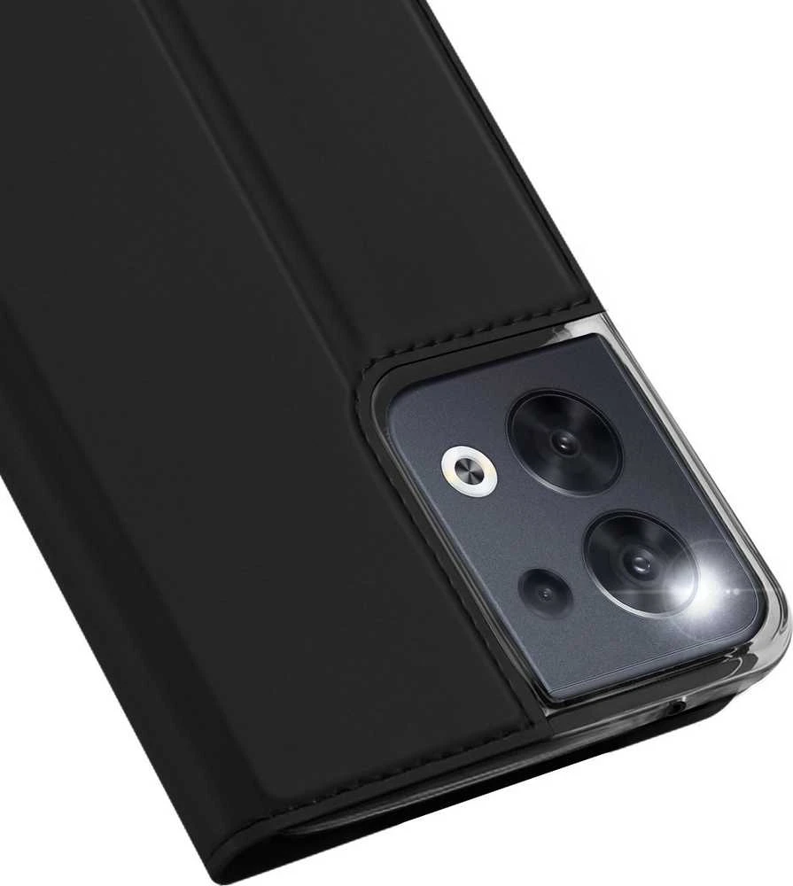 Dux Ducis Skin Pro Oppo Reno 8 atverčiamas card wallet su stoveliu dėklas telefonui juodos spalvos