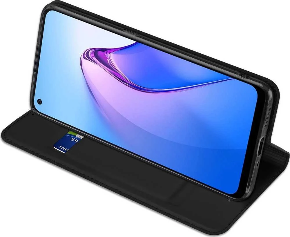 Dux Ducis Skin Pro Oppo Reno 8 atverčiamas card wallet su stoveliu dėklas telefonui juodos spalvos