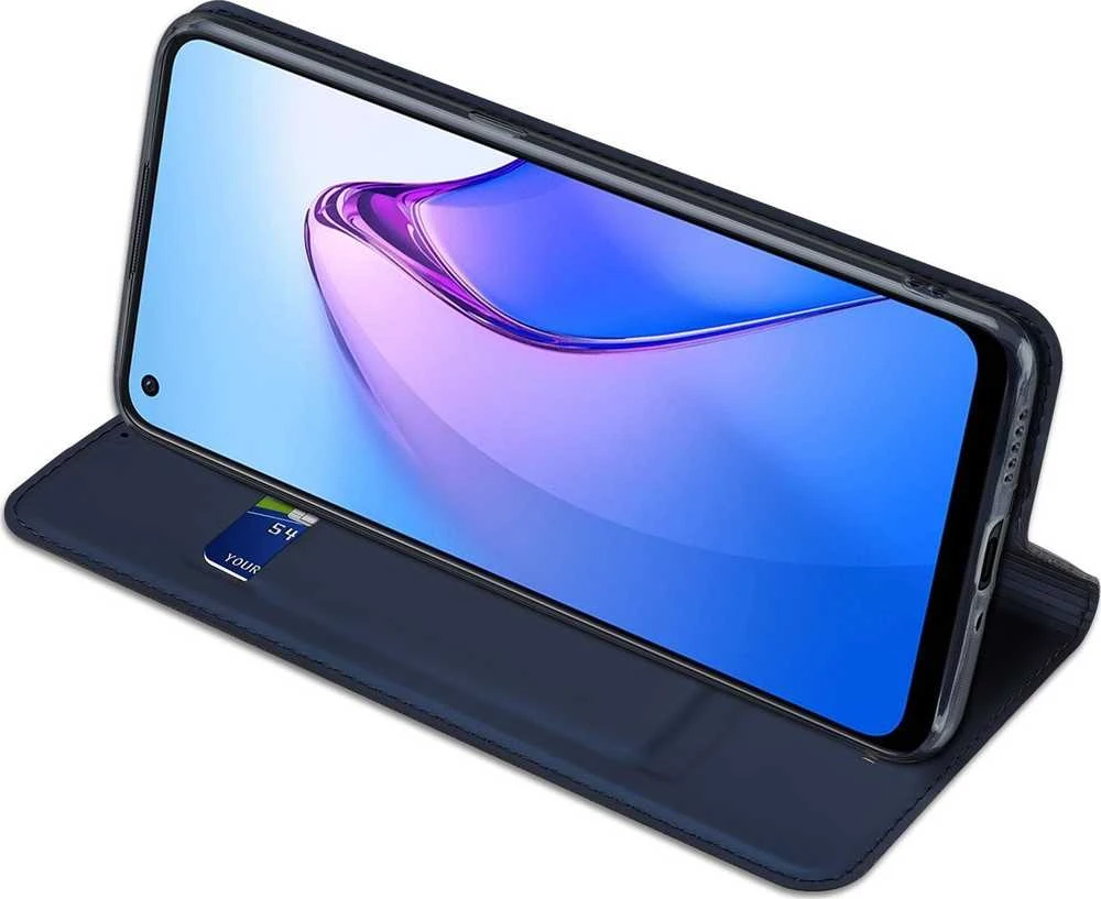 Dux Ducis Skin Pro Oppo Reno 8 atverčiamas card wallet su stoveliu dėklas telefonui mėlynos spalvos