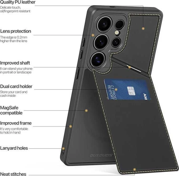Dux Ducis Rafi II Samsung Galaxy S25 Ultra su stoveliu and Wallet – dėklas telefonui juodos spalvos