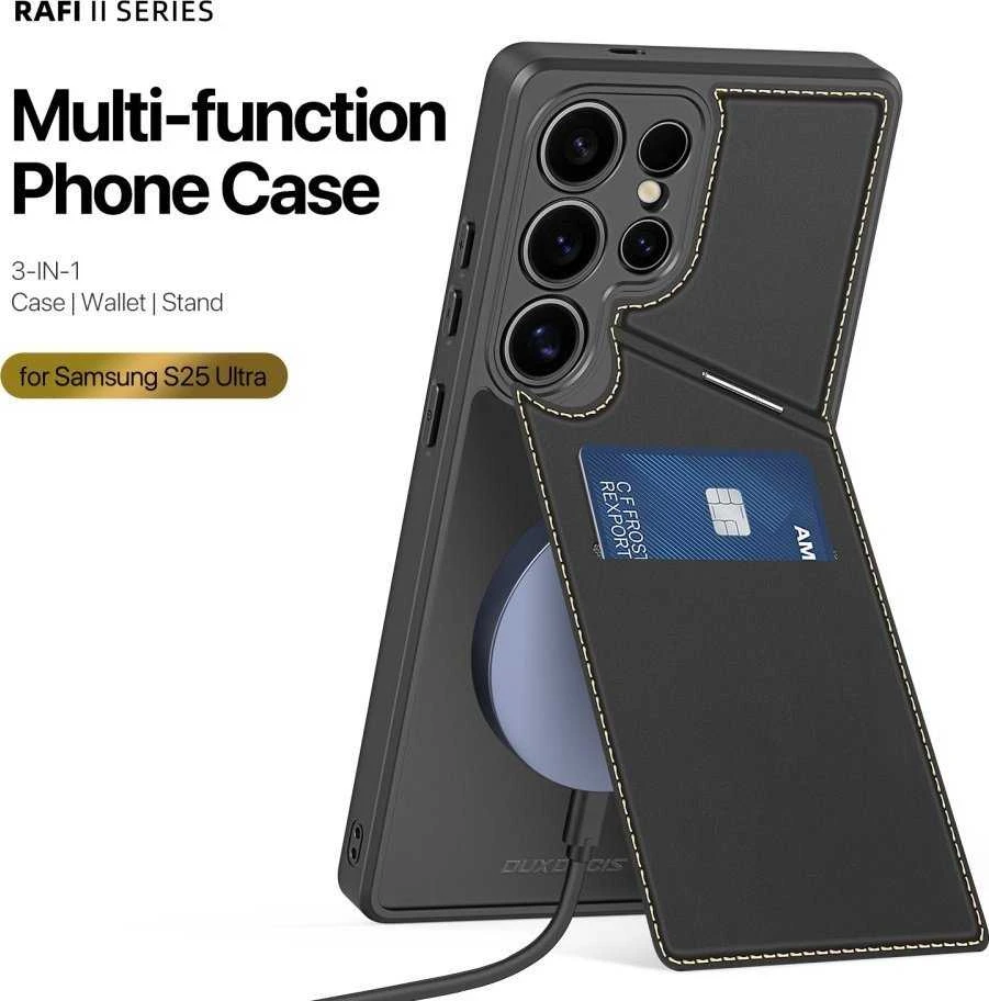 Dux Ducis Rafi II Samsung Galaxy S25 Ultra su stoveliu and Wallet – dėklas telefonui juodos spalvos