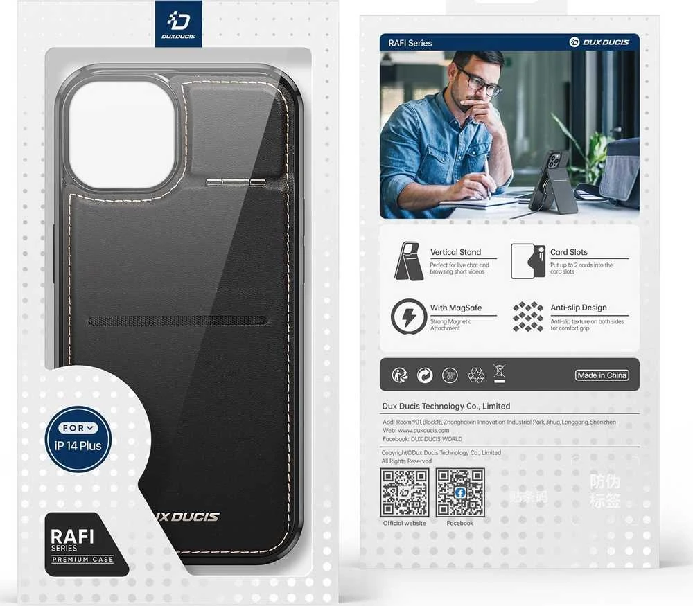 3in1 Wallet su stoveliu Apple iPhone 14 Plus MagSafe RFID Blocker Dux Ducis Rafi Mag – dėklas telefonui juodos spalvos