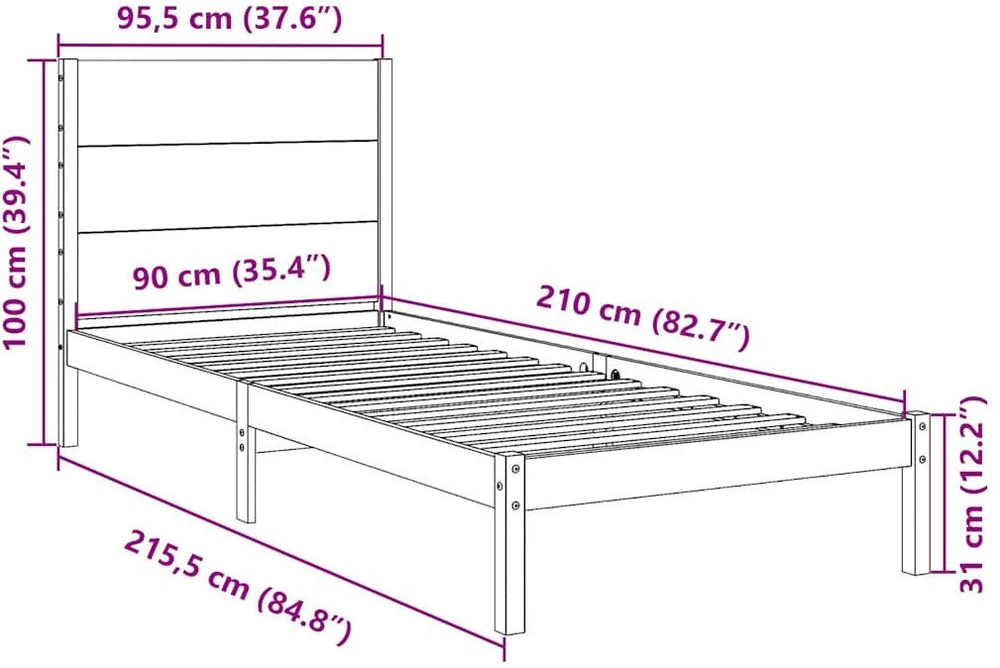 Lova Lovos rėmas be čiužinio, 90x210cm, medienos masyvas, itin ilgas