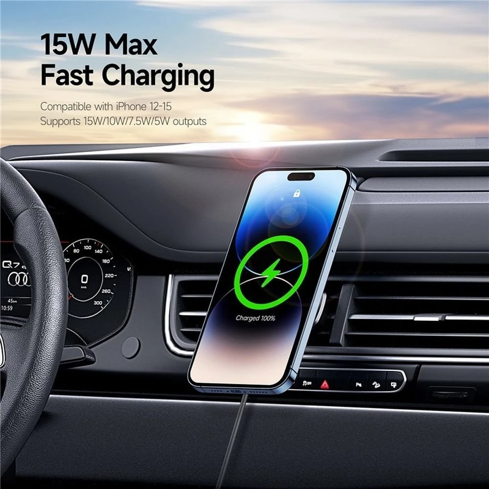 DUZZONA automobilinis laikiklis su bevieliu įkrovimu air vet suderinamas su MagSafe 15W V2 juodas