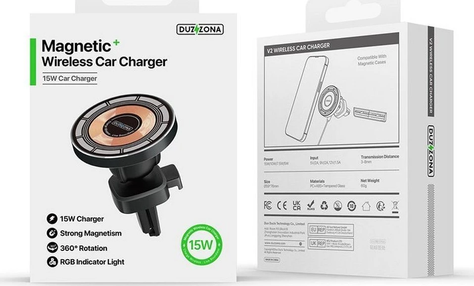 DUZZONA automobilinis laikiklis su bevieliu įkrovimu air vet suderinamas su MagSafe 15W V2 juodas