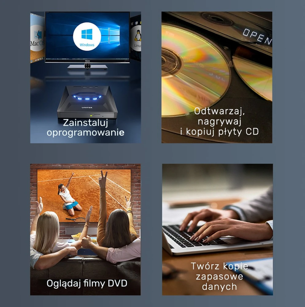 DVD grotuvas Unitek Nagrywarka zewnętrzna Unitek DVD/CD, Hub USB 5Gbps, SD kortelių skaitytuvas