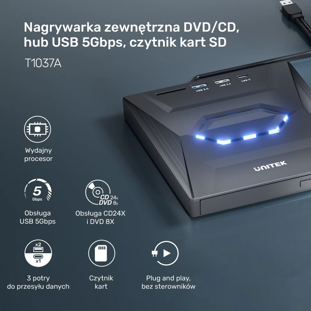 DVD grotuvas Unitek Nagrywarka zewnętrzna Unitek DVD/CD, Hub USB 5Gbps, SD kortelių skaitytuvas