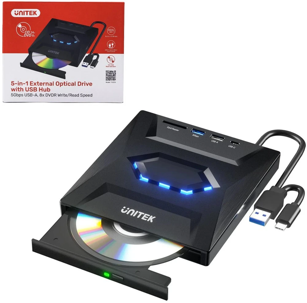 DVD grotuvas Unitek Nagrywarka zewnętrzna Unitek DVD/CD, Hub USB 5Gbps, SD kortelių skaitytuvas