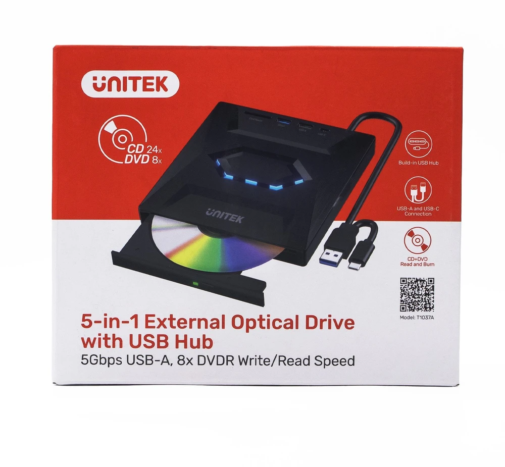 DVD grotuvas Unitek Nagrywarka zewnętrzna Unitek DVD/CD, Hub USB 5Gbps, SD kortelių skaitytuvas