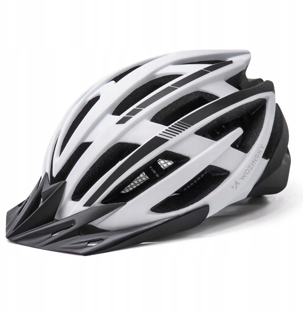 Dviratininko šalmas MTB Wozinsky su odpinanym daszkiem i tylną lampką USB 57-62 cm - juoda-balta