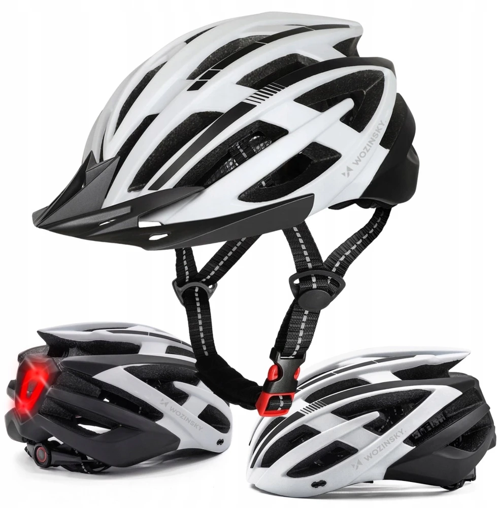 Dviratininko šalmas MTB Wozinsky su odpinanym daszkiem i tylną lampką USB 57-62 cm - juoda-balta