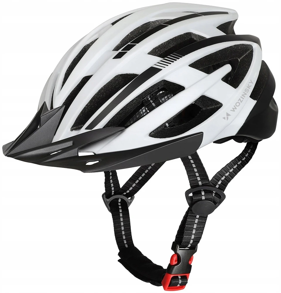 Dviratininko šalmas MTB Wozinsky su odpinanym daszkiem i tylną lampką USB 57-62 cm - juoda-balta