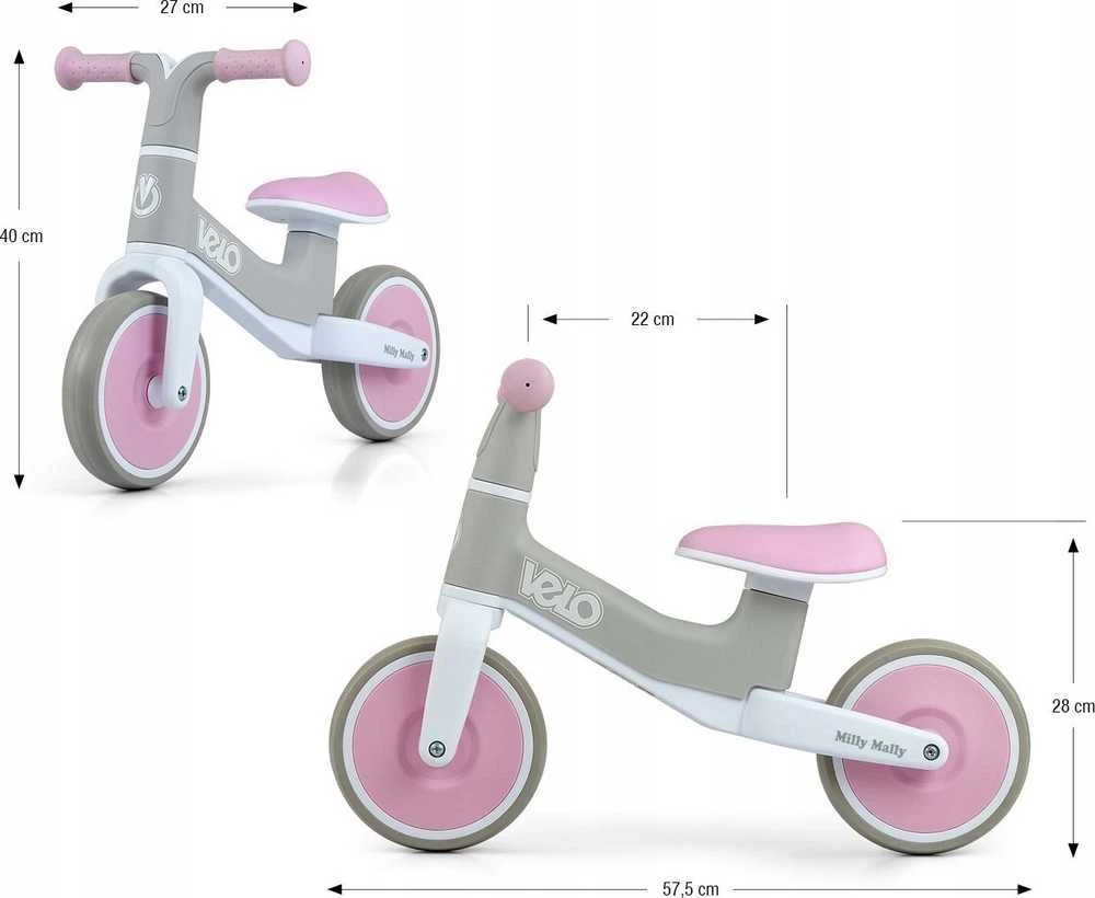 Milly Mally Velo rožinis dviratukas su matmenimis
