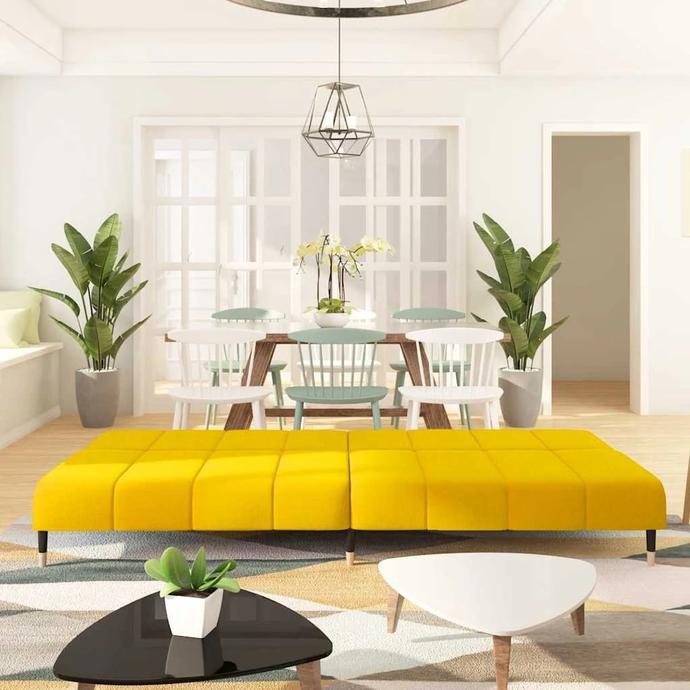 Dvivietė sofa-lova, geltonos spalvos, aksomas