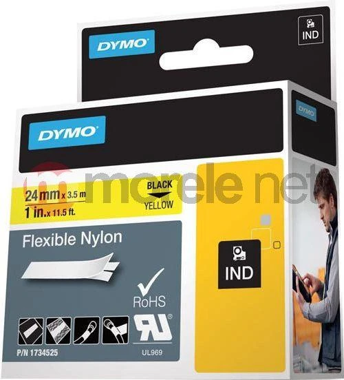 Rhino Professional, žymėjimo lankstaus nailono juosta, 24 mm, juodas tekstas ant geltonos juostos, 3,5 m DYMO / 1734525