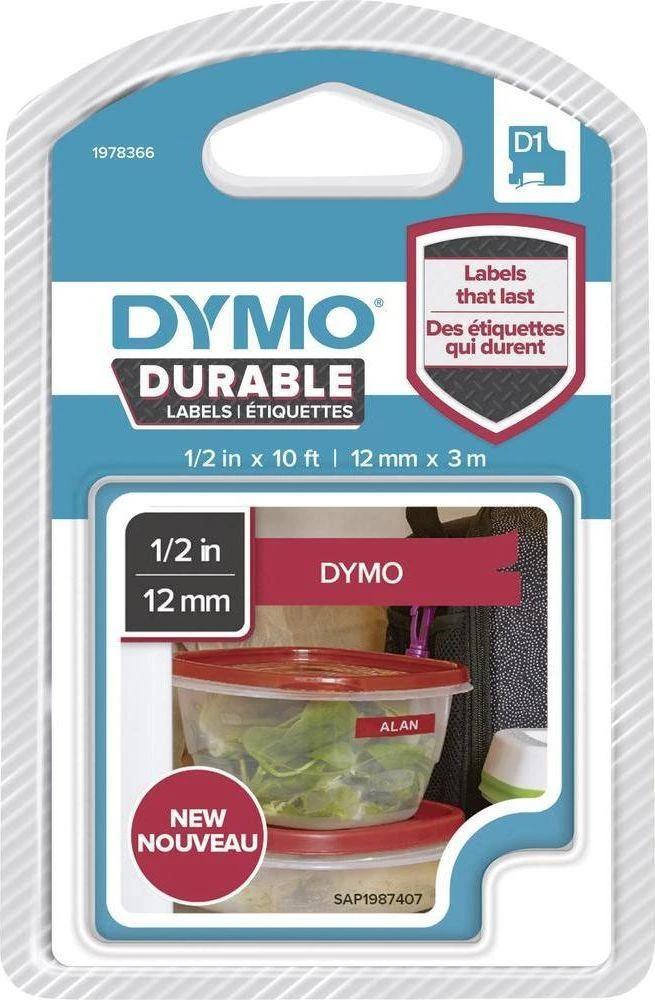 DYMO D1 Durable Juostelė 12mm x 3m / baltas ant raudonos (1978366)