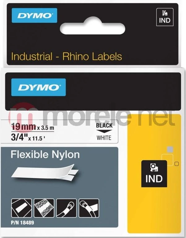 DYMO 18489 RHINO Nailono Juostelė 19mm x 3,5m (balta / juodas šifras)