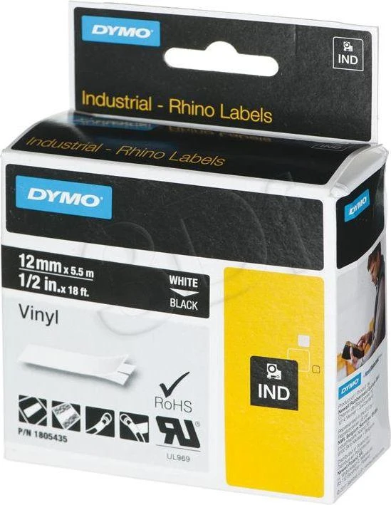 DYMO Rhino Professional, pastebima nuolatinė vinilo juosta, 12mm, baltas tekstas ant juodos juostos, 5,5m 1805435