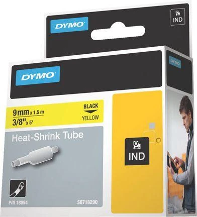 DYMO Rhino, kabelių žymėjimo vamzdelis, 9 mm, juodas tekstas ant geltonosio vamzdelio, 1,5 m skirtas kabelio skersmeniui nuo 2,0 mm iki 5,2 mm. DYMO / 18054