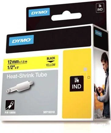 DYMO Rhino Professional, pastebimas susitraukiantis vamzdelis, 12x1,5 mm, juodas tekstas ant geltonos žarnos, 1,5 m, 18056