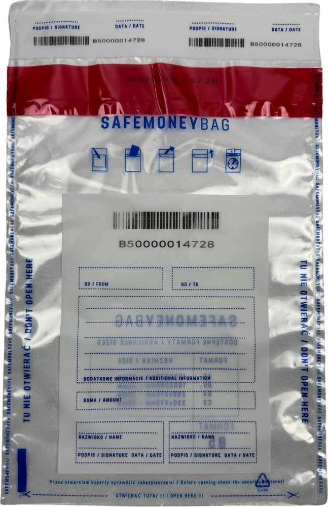 Security envelopes BESTPAK SAFEMONEYBAG deposit envelopes 190x260+35 mm B5 100 pcs. Transparent