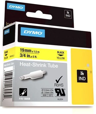 DYMO Rhino Professional, pastebimai susitraukiantis vamzdelis, 19x1,5 mm, juodas tekstas ant geltonos žarnos, 1,5 m, 18058