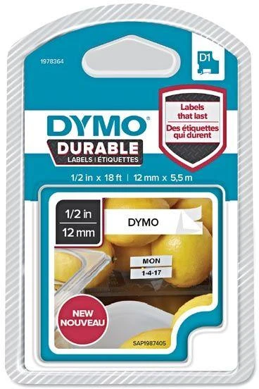 DYMO D1 Patvarus 12 mm x 5,5 M, Juodas ant Balto