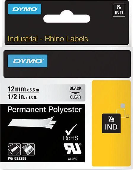 DYMO 622289 RHINO Poliesterio Juostelė 12mm x5,5m (skaidri / juodas šifras)