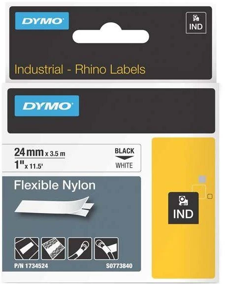 Rhino Professional, žymėjimo lankstaus nailono juosta, 24 mm, juodas tekstas ant baltos juostos, 3,5 m DYMO / 1734524