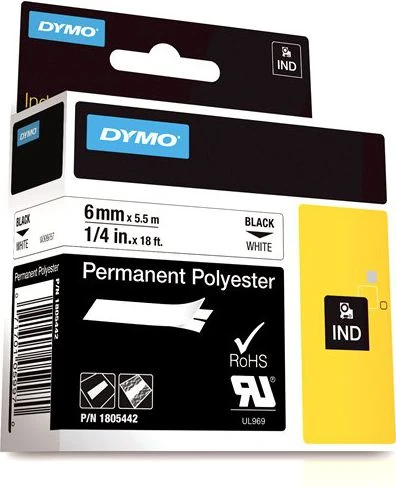 DYMO Rhino Professional, poliesterio juosta, 6 mm, juodas tekstas ant baltos juostos, 5,5 m 1805442