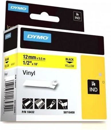 Juostelė DYMO Rhino 12mm x 5.5m, vinilinė, juoda ant balto / S0718600 18444