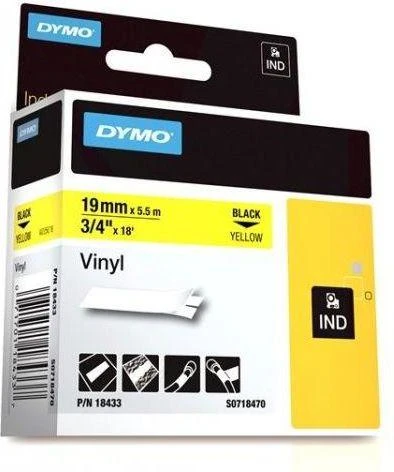 Juostelė DYMO Rhino 19mm x 5.5m, vinilinė, juoda ant geltono / S0718470 18433