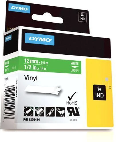 Rhino Professional. žymėjimo juosta, 12mm, baltas tekstas ant žalios juostos, 5,5 m DYMO / 1805414