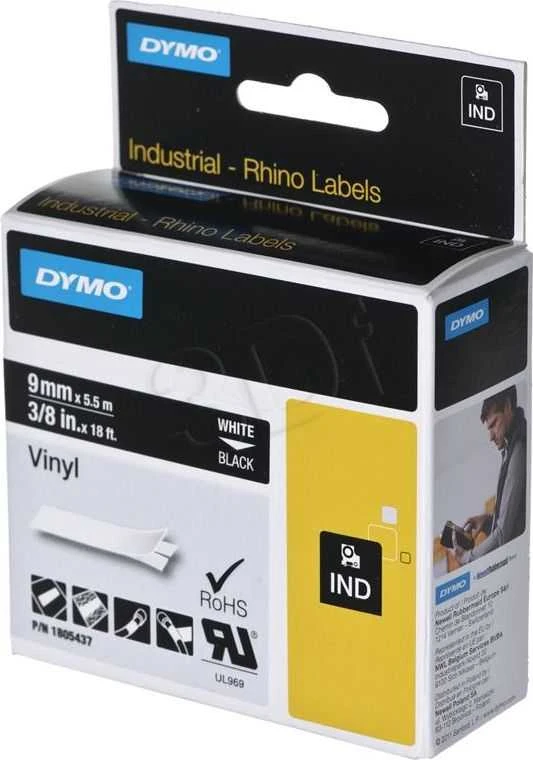 Juostelė DYMO Rhino 9mm x 5,5m, vinilinė, balta ant juodo / 1805437