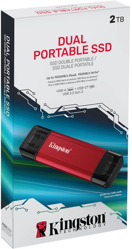 Kietasis diskas „Kingston Technology“ 2 TB nešiojamasis SSD diskas su dviem USB-A/C jungtimis, iki 1050 MB/s USB 3.2 Gen 2