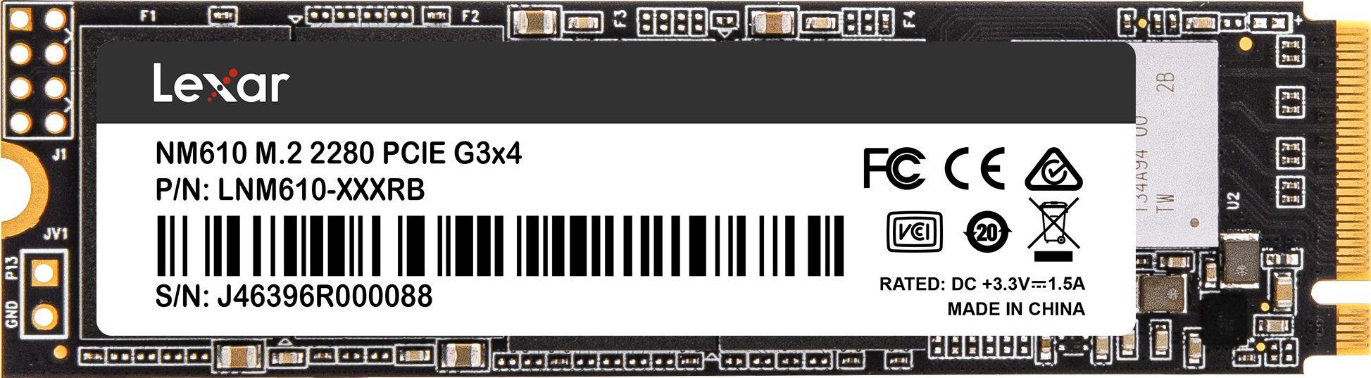 Lexar NVMe SSD NM610 250 GB, SSD form factor M.2 2280, SSD sąsaja PCIe Gen3x4, Rašymo greitis 1200 MB/s, Skaitymo greitis 2000 MB/s