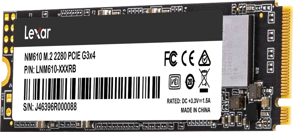 Lexar NVMe SSD NM610 250 GB, SSD form factor M.2 2280, SSD sąsaja PCIe Gen3x4, Rašymo greitis 1200 MB/s, Skaitymo greitis 2000 MB/s