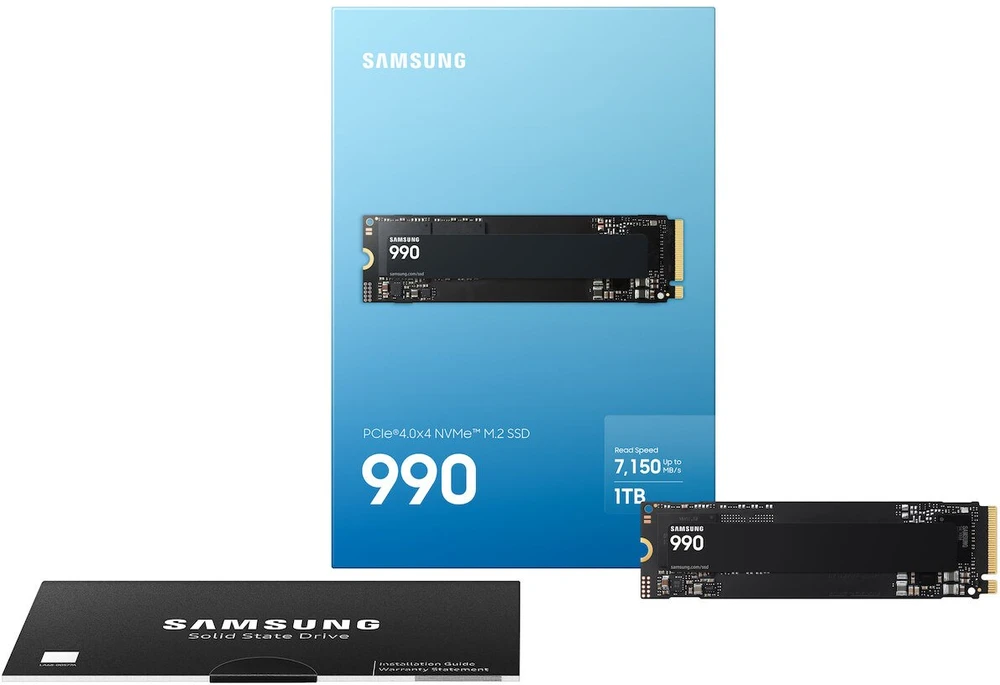 Samsung SSD | 990 | 1000 GB | SSD form factor M.2 2280 | Solid-state drive sąsaja PCIe 4.0 x4, NVMe 2.0 | Skaitymo greitis 7150 MB/s | Rašymo greitis 6450 MB/s